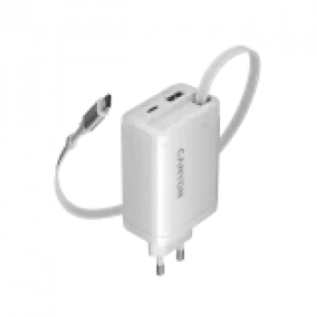 CANYON laadija OnCharge 65RC sisseehitatud USB-C kaabliga 65W, 1x PD, 1x QC, EL pistik, valge