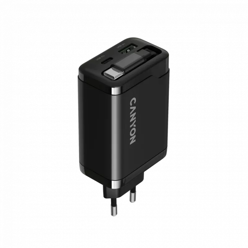 Laadija CANYON OnCharge 65RC sisseehitatud USB-C kaabliga, 65 W, 1x PD, 1x QC, EL-pistik, must