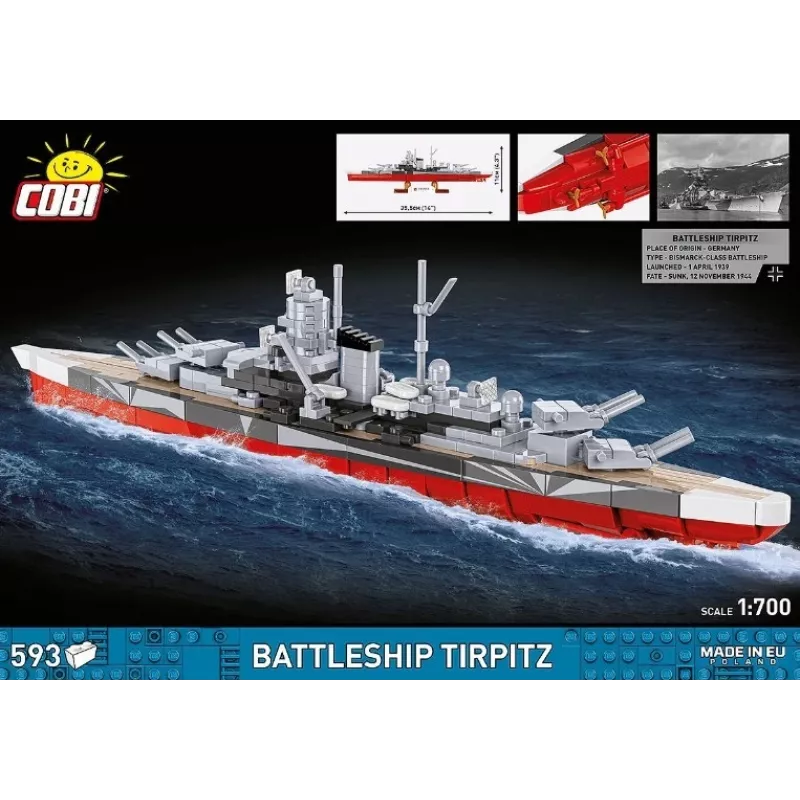 Cobi ehituskomplekt Lahingulaev Tirpitz mudel 593 tk, mõõtkavas ja esitlusfunktsioonidega
