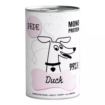 Märg koeratoit PAKA ZWIERZAKA Pepe Duck 400 g — täiskasvanud koerad, pardimaitse, purk, gluteeni-/soja-/suhkruvaba