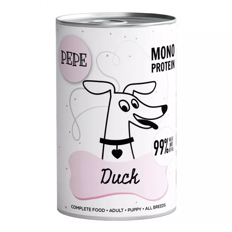 Märg koeratoit PAKA ZWIERZAKA Pepe Duck 400 g — täiskasvanud koerad, pardimaitse, purk, gluteeni-/soja-/suhkruvaba
