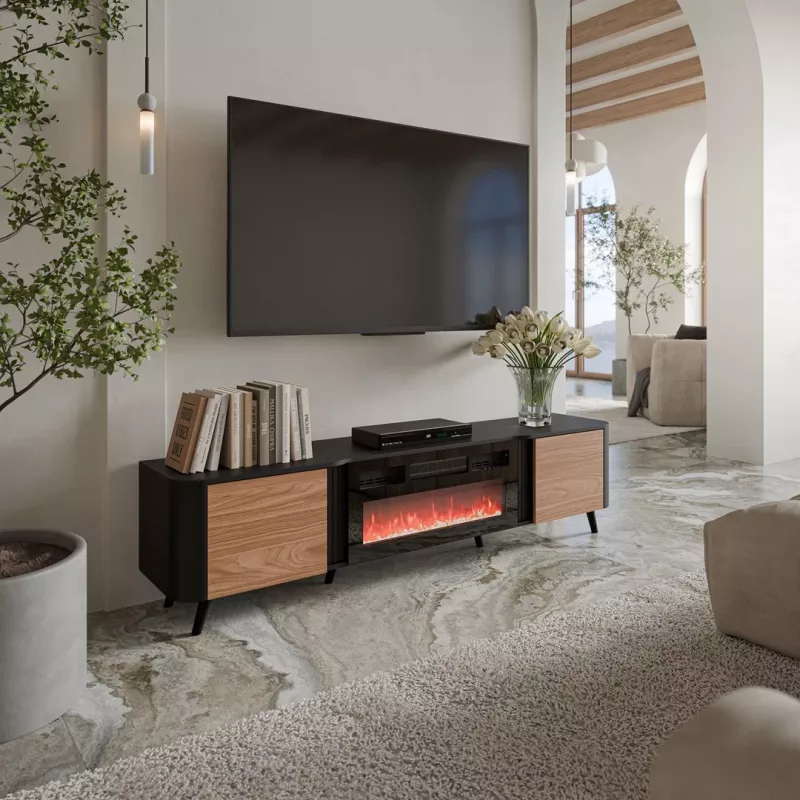 TV-kapp Cama Meble Volare 200 x 39 x 49 cm must/pähkel kaminaga