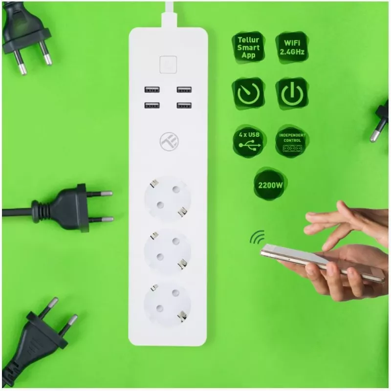Pistikupesadega toitejuhe Tellur — WiFi nutikas toitejuhe 3 vahelduvvoolu pesa ja 4 USB pordiga (4 A)