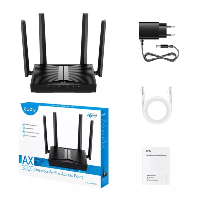 Juhtmevaba pääsupunkt Cudy AP3000D kaheribaline 2,4/5 GHz, 2402 Mbps (5 GHz), 574 Mbps (2,4 GHz), 4 välist antenni, 1x LAN
