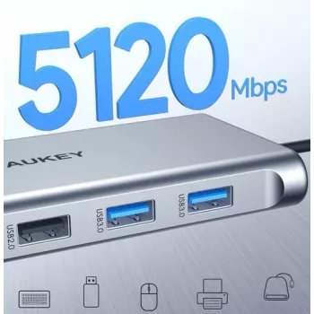 USB-C jaotur Aukey CB-C89 10-ühes, RJ45 1000Mbps, HDMI 4K, mitu porti