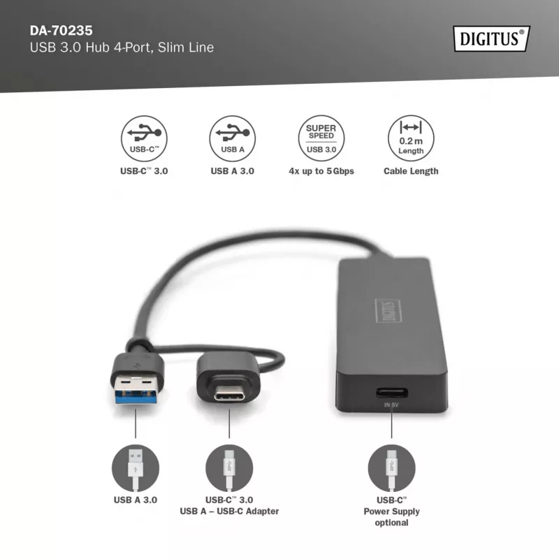 USB-jaotur, Digitus, DA-70235, 4-pordiline, USB 3.2 Gen 1, Type-A ja USB-C, 12000 Mbit/s