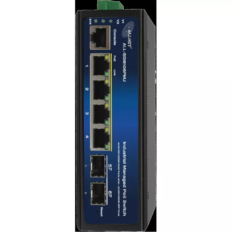 Tööstuslik PoE-lüliti ALLNET ALL-SGI8106PMJ-BT — 6-pordiline (4 PoE+), vastupidav metallkorpus