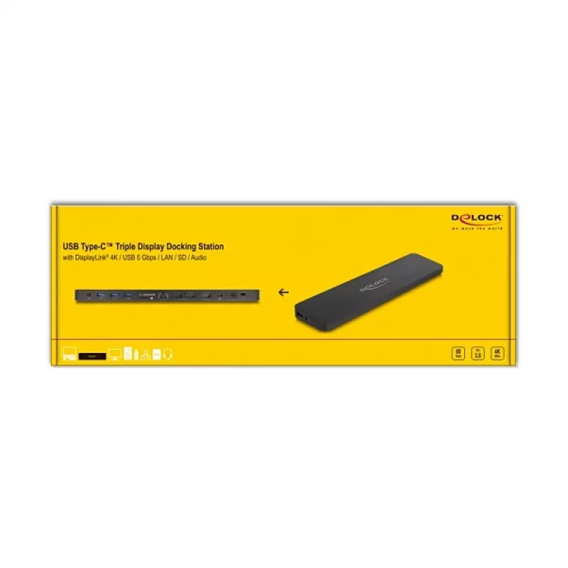 DeLOCK USB-C tüüpi Triple Display dokkimisjaam, 4K, USB 5 Gbps, LAN, SD, heli, PD 80 W