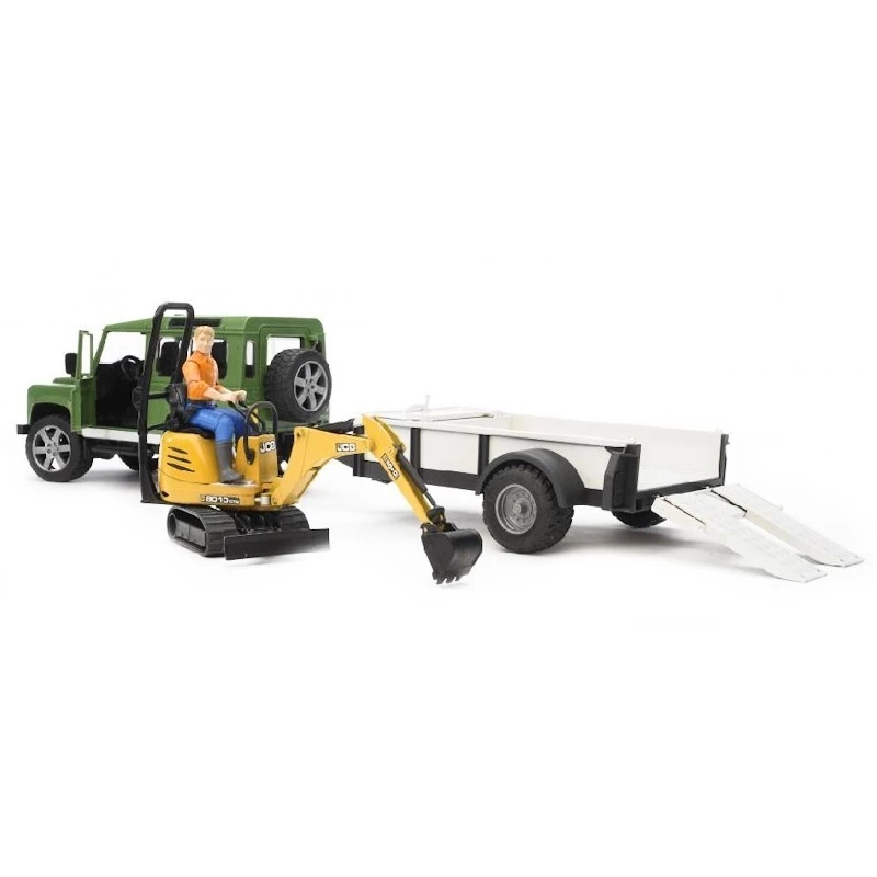 Mängusõiduk BRUDER Land Rover Defender haagise CAT ja mehega