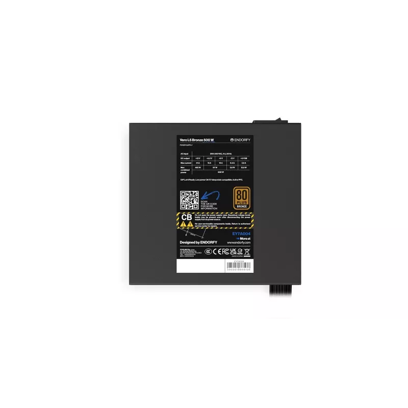 Toiteplokk ENDORFY Vero L5 500 W ATX, 80 PLUS Bronze, 24-pin, 120 mm ventilaator, mittemodulaarne