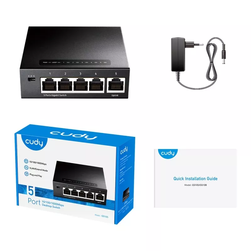 Võrgulüliti Cudy GS105 — 5 pordiga Gigabit Ethernet (10/100/1000), must, 5 V DC toide kaasas