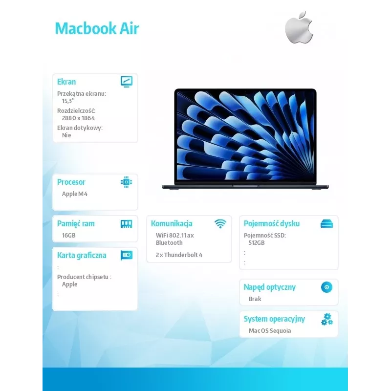 MacBook Air 15,3 tolli: M4 10/10, 16GB, 512GB, 35W – Midnight – MW1L3ZE/A/D1