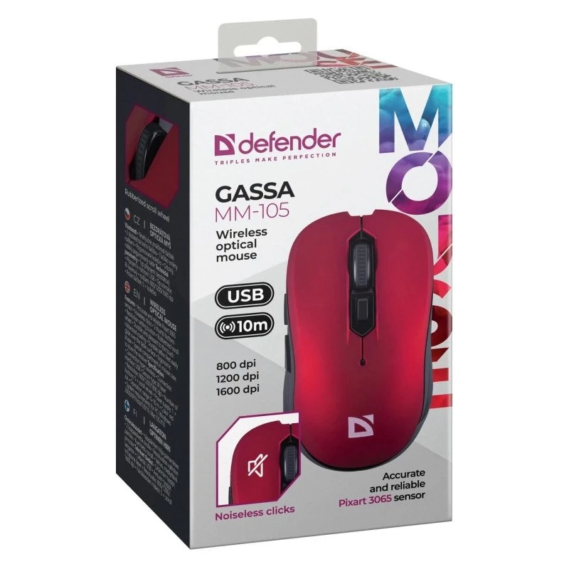 Juhtmevaba RF vaikne hiir DEFENDER Gassa MM-105 — Mõlemakäeline, 1600 DPI, 2,4 GHz, nano-USB vastuvõtja
