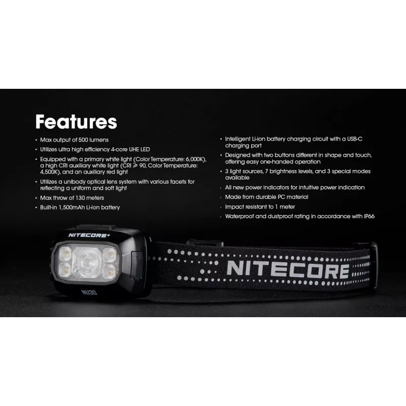 Pealamp Nitecore NU30 — kompaktne kantav LED-pealamp, kuni 500 luumenit, mitu väljundtaset, punase valguse režiim