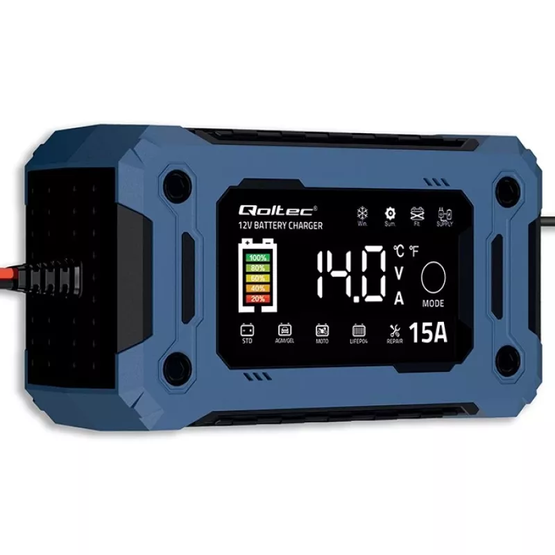 Nutikas 12V 15A laadija QOLTEC mikroprotsessori ja LCD-ga — AGM, GEL, SLA, EFB, LiFePO4 akudele