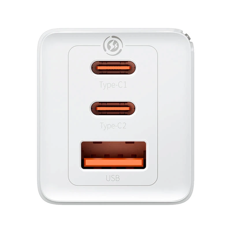 Seinakallija Baseus GaN5 Pro 65W — USB + 2×USB-C (QC3.0, PD3.0) koos 1 m USB-C kaabliga, valge