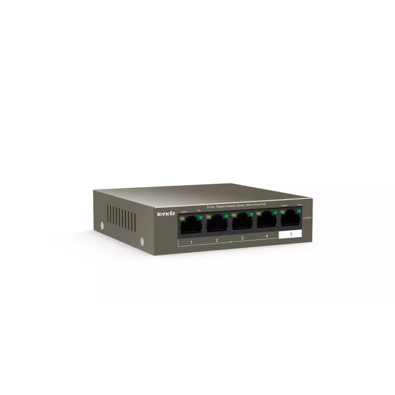 Võrgukommutaator TENDA TEG1105P-4-63W-EU, 5x Gigabit RJ-45, 4x PoE (57,8 W kokku), 10 Gbit/s kommuteerimine