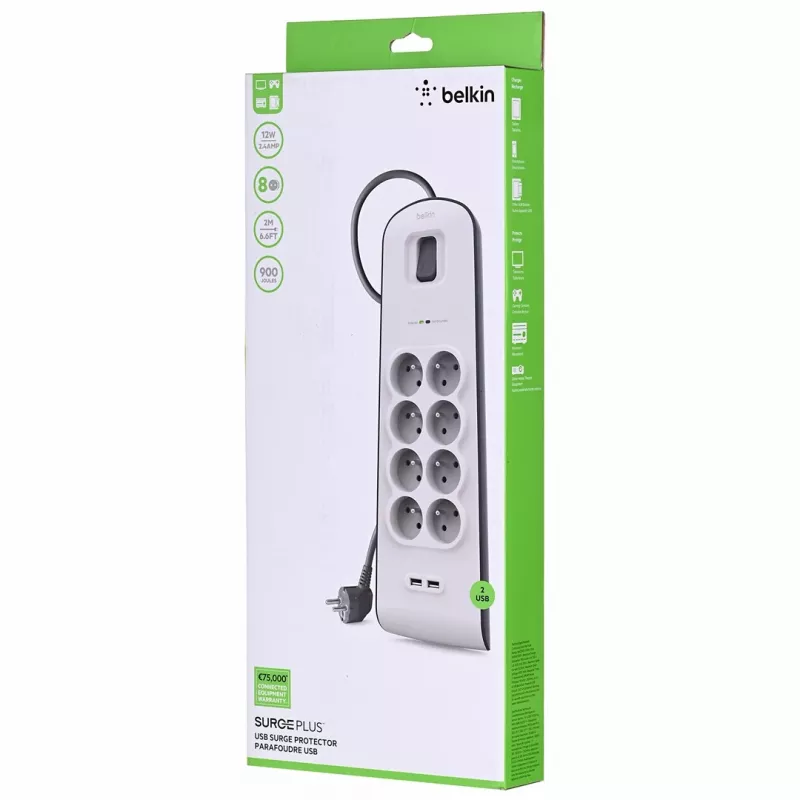Liigpingekaitse Belkin BSV804ca2M Valge 8 vahelduvvoolu pistikupesa 2 m