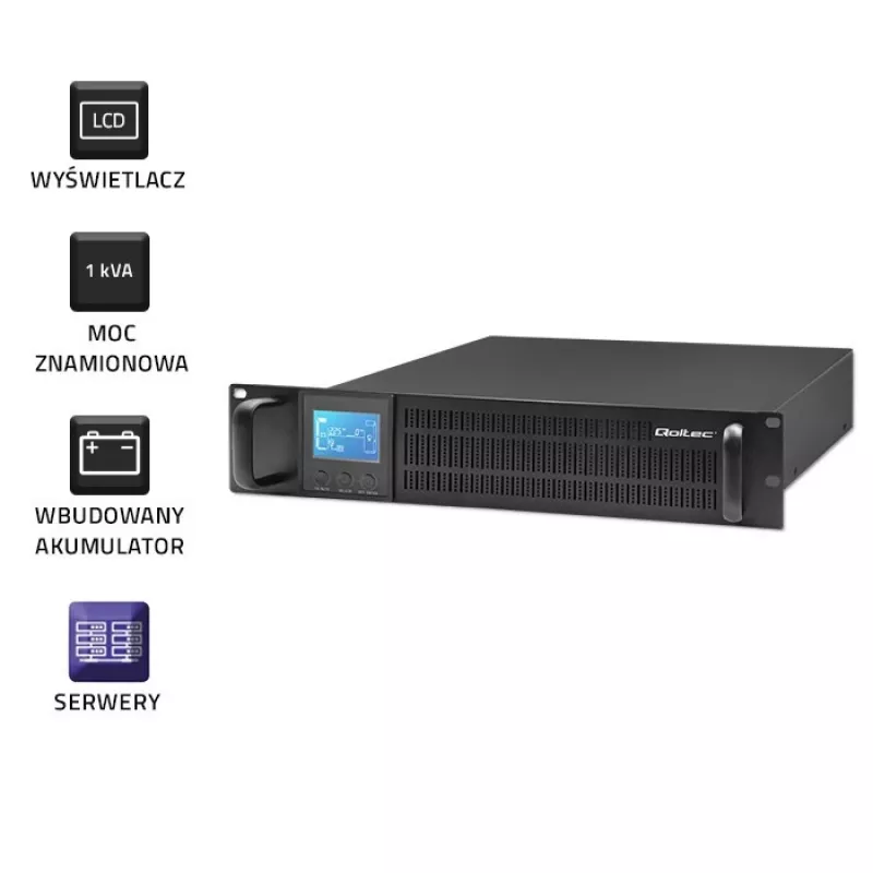 Qoltec 53945 RACK UPS 1kVA 800W võrgutoite katkematu toiteallikas (On-line, puhas siinuslaine, LCD, SNMP pesa)