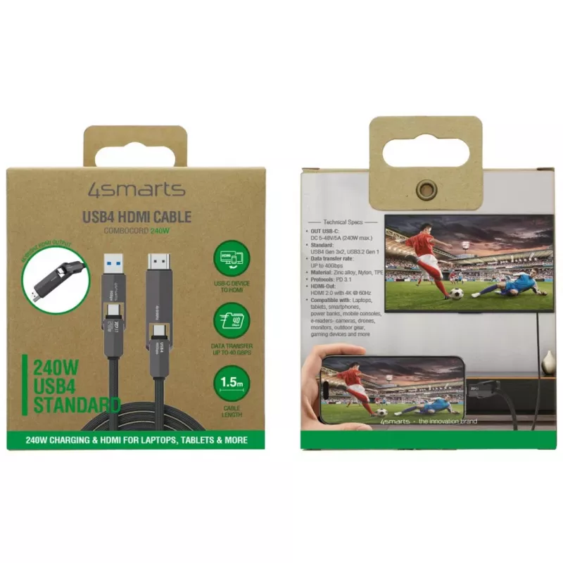USB4 HDMI kaabel 4smarts ComboCord 240W 1,5 m – USB4-lt HDMI-le, 240W toiteedastus, 1,5 m pikkus