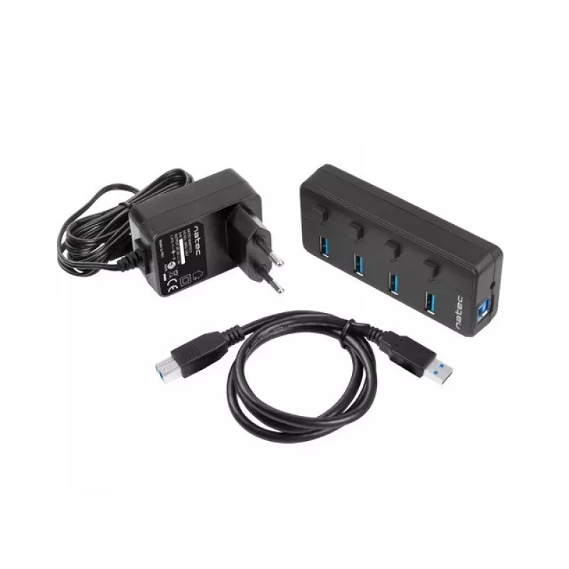 USB-jaotur NATEC MANTIS USB 2.0 Type-B — 4x USB 3.2 Gen 1 Type-A porti, must, 0,8 m kaabel, vahelduvvooluadapter, toitelüliti