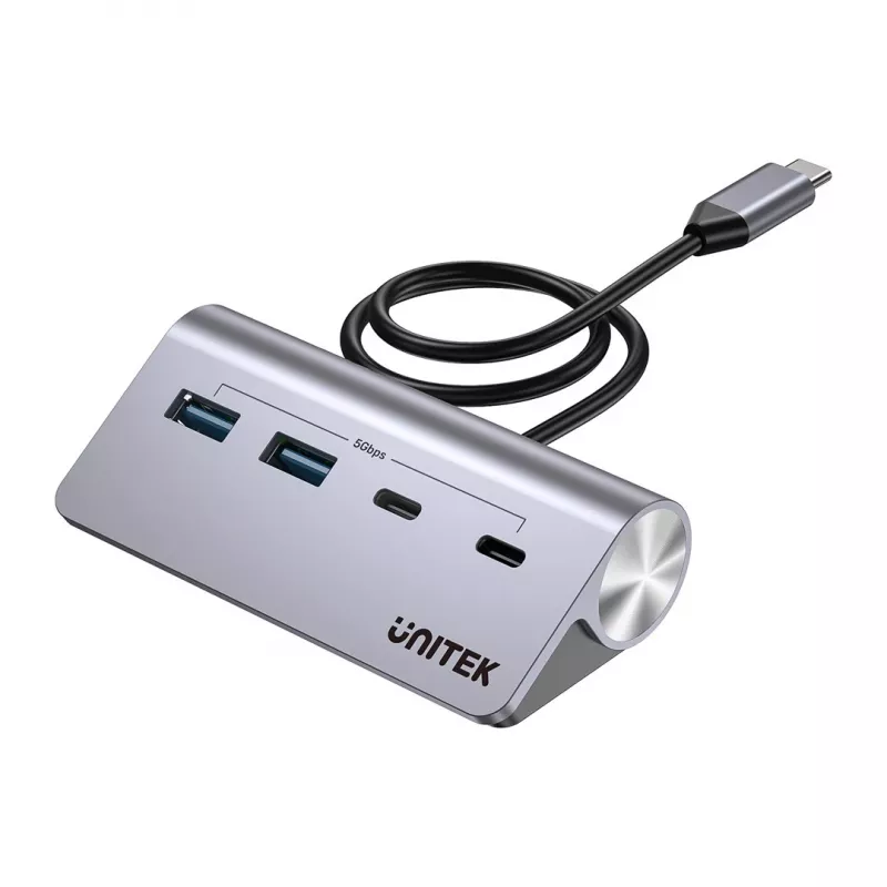USB-jaotur Unitek H1337AGY01 — 4 pordiga (2×USB-C, 2×USB-A), kuni 5 Gbps pordi kohta, alumiinium, hõbedane