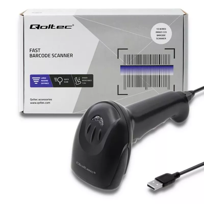 Pihuarvuti vöötkoodilugeja QOLTEC 50866 — 1D laserskanner, USB juhtmega, 600 mm lugemiskaugus, must, 161,5×88×77 mm