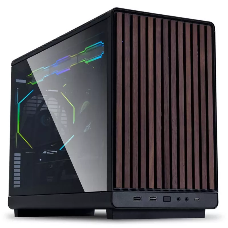 Mini-ITX/mATX arvutikorpus Lian Li A3-mATX Wood Edition — pähklipuust esipaneel, must korpus