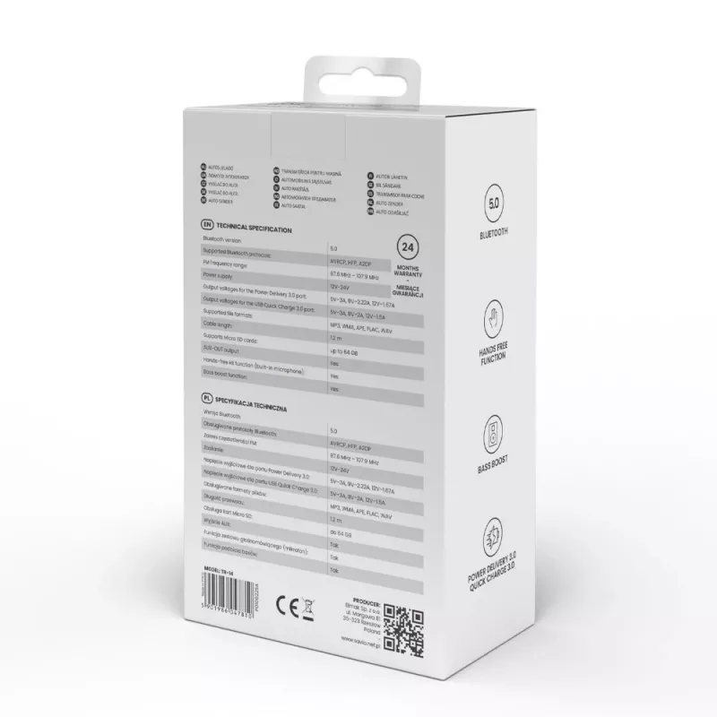 FM-saatja SAVIO TR-14 Bluetooth USB, FM 87,6–107,9 MHz, MicroSD, USB-C, 12 V autotoide