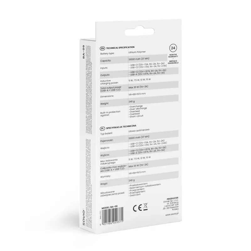 Savio BA-09 juhtmevaba akupank, 10000 mAh, must