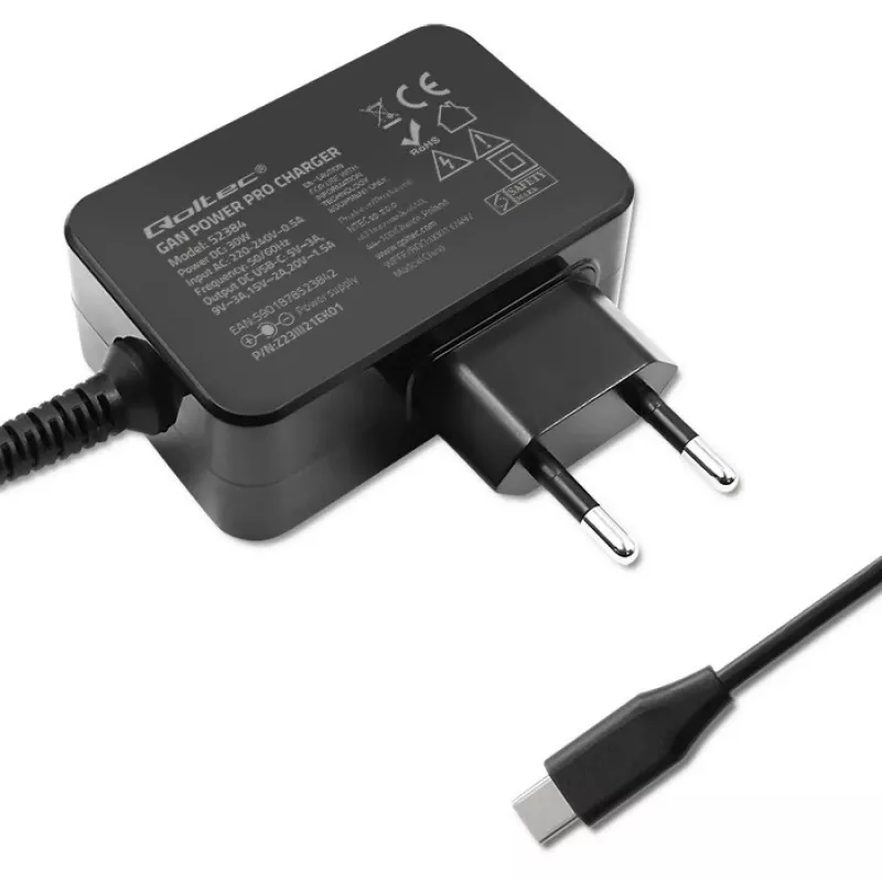 Toiteadapter QOLTEC 52384 GaN 30W väljund 5–20V USB laadija