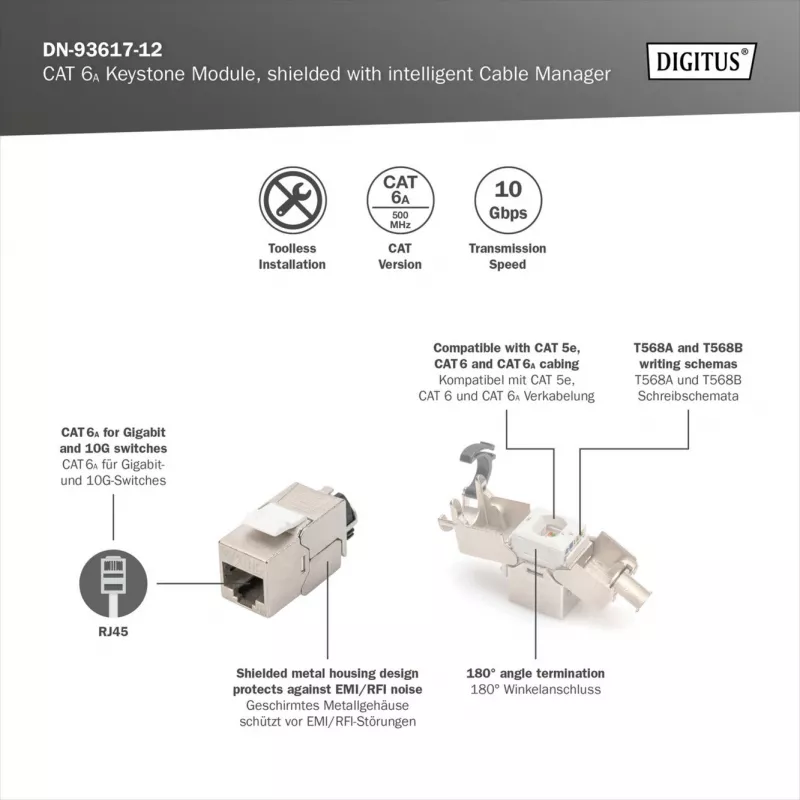 Keystone module DIGITUS CAT 6A varjestatud intelligentse kaablihalduriga, lame RJ-45, 14,5×34,5×21 mm — 12 tk