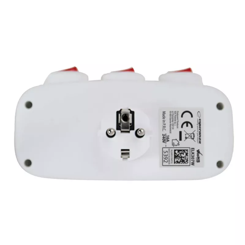 Jagaja ESPERANZA ELK307W — lülitatav 3-pesaline siseadapter, tüüp E pistik, 220–240 V, 16 A, 3680 W, valge