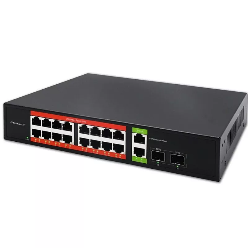 Võrgulüliti QOLTEC 52292 — Gigabit Ethernet PoE, 16x RJ45, 2x RJ45 uplink, 2x SFP