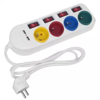 Pistikupesariba MACLEAN MCE229W — 4 pesa, 2× USB, 1,5 m kaabel, tüüp F, 10 A, valge