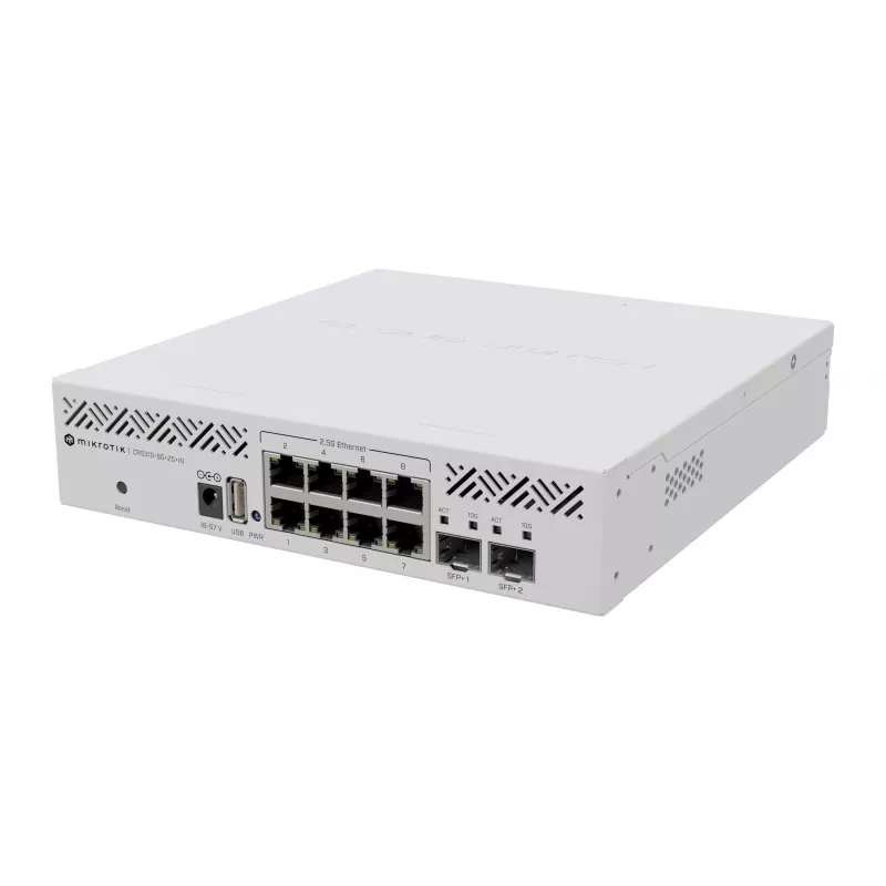 Hallatav L3 lüliti MikroTik CRS310-8G+2S+IN — 8× 2.5G RJ-45, 2× SFP+, PoE, 1U rack-paigaldus, Valge