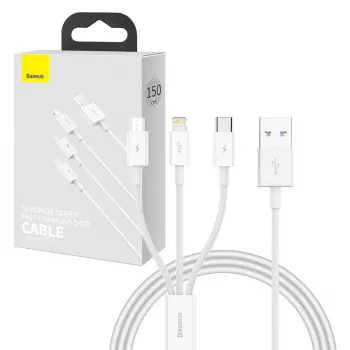 USB-kaabel Baseus SUP0003529 — USB 3.2 Gen 1 (3.1 Gen 1), 1 m, USB-A kuni USB-C / Micro USB-A / Lightning, valge