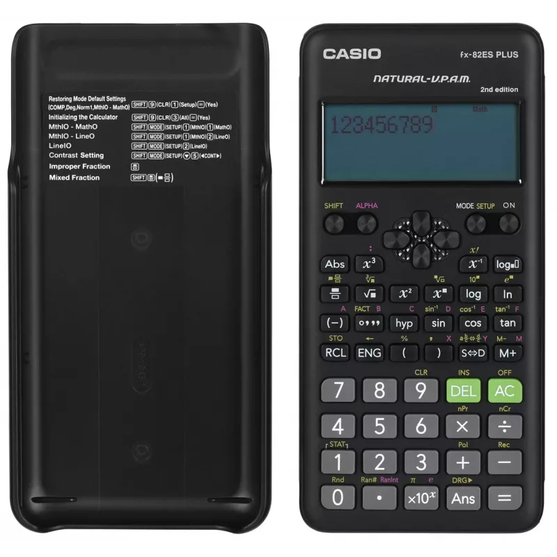 Teaduslik kalkulaator CASIO FX-82ES PLUS-2 taskuformaadis — 252 funktsiooni, punktmaatriksiga 12-kohaline ekraan, patareitoide (AAA), must