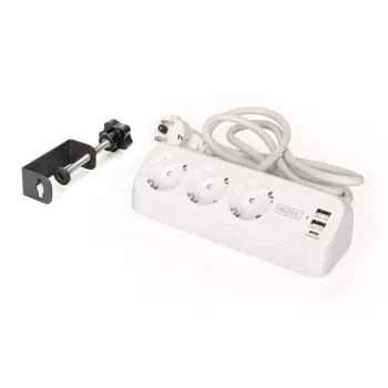 Pistikupesadega pikendusjuhe DIGITUS 3-ooline, 2×USB-A ja 1×USB-C, 3 vahelduvvoolu pistikupesa tüüp E/F, 1,5 m kaabel, valge