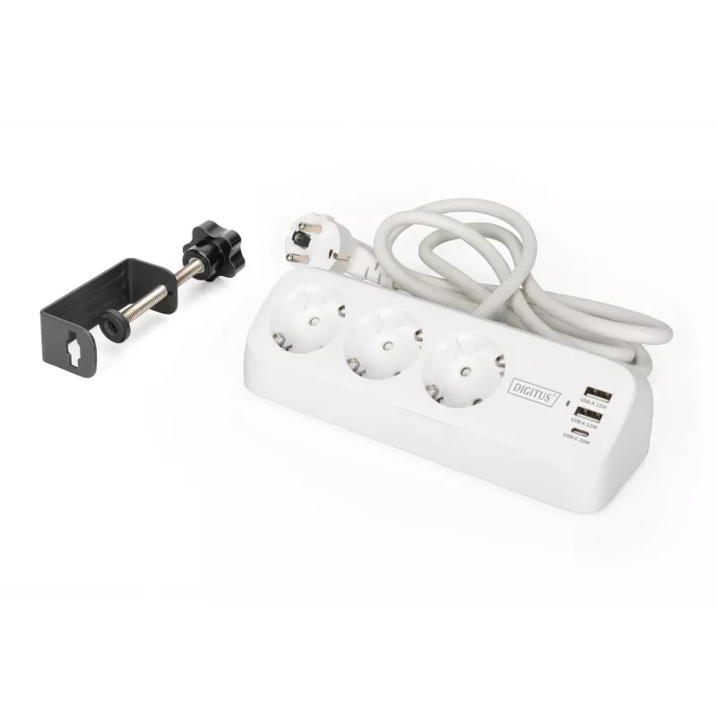 Pistikupesadega pikendusjuhe DIGITUS 3-ooline, 2×USB-A ja 1×USB-C, 3 vahelduvvoolu pistikupesa tüüp E/F, 1,5 m kaabel, valge