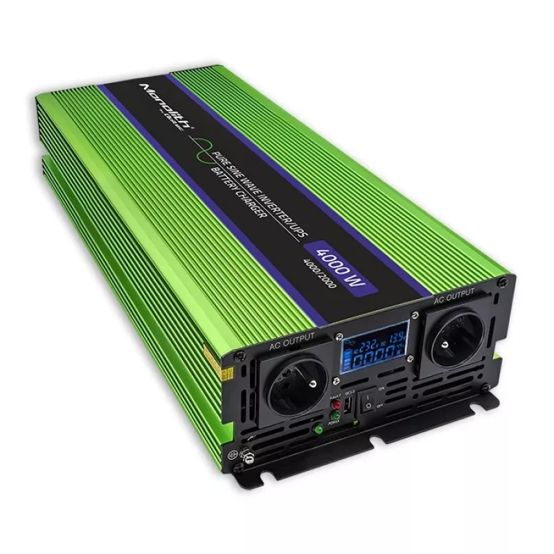 Qoltec Monolith Pingemuundur | Aku laadimine | UPS | 2000W | 4000W | 12V kuni 230V | Puhas siinus | LCD must-roheline