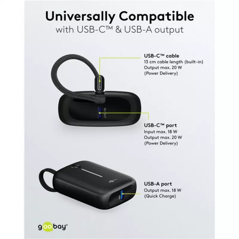 Kaasaskantav akupank Goobay 10 000 mAh sisseehitatud USB-C kaabliga - 20W kompaktne reisija (76251)