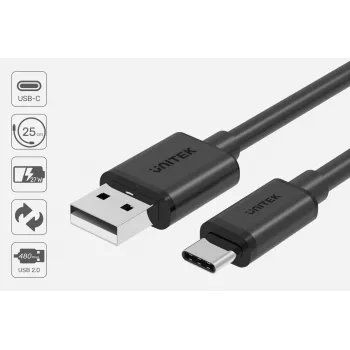 USB-A kuni USB-C kaabel Unitek C14068BK, 2 m, USB 2.0, must, isane-isane