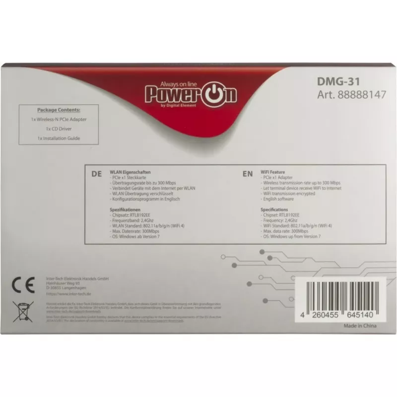 Inter-Tech DMG-31 - sisseehitatud - juhtmevaba - PCI Express - Wi-Fi - Wi-Fi 4 (802.11n) - 300 Mbit/s (88888147)