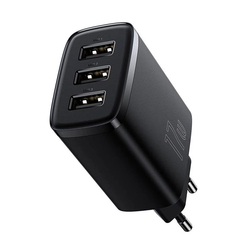 Baseus kompaktne kiirlaadija, 3x USB, 17 W (must)