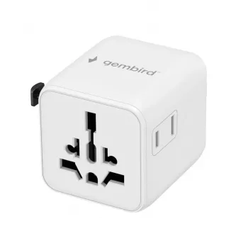 Universaalne reisiadapter GEMBIRD TPA-INT-01-W — sisend 100–250 V, G-tüüpi pistik, kompaktsed mõõtmed 84×56×85 mm