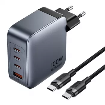 Vention toiteadapter TZ-FETH0-EU 3× USB-C + 1× USB-A 100W, PD kuni 30W C-pordi kohta, sisend 100–240V