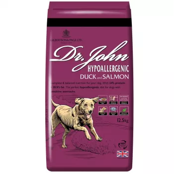 Kuiv koeratoit Dr. John Hypoallergenic Duck with Salmon — täisväärne täiskasvanud koerte toit, 12,5 kg, 24% valku, 10,5% rasva