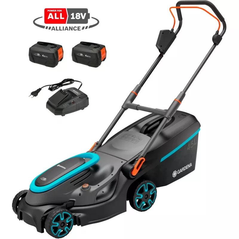 Aku-muruniiduk PowerMax 37/36V P4A kasutusvalmis komplekt, 36 V (2x18 V) (must/hall, 2x Li-Ion aku 4,0 Ah, POWER FOR ALL ALLIANCE)