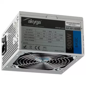 ATX toiteplokk Akyga AK-B1-500E 500 W, 120 mm ventilaator, 20+4 pin ATX, 3× SATA, passiivne PFC